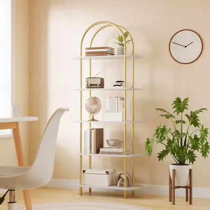 Libreria a 5 ripiani, libreria ad arco alta 180 cm, struttura in metallo, espositore indipendente, per camera da letto, soggiorno, oro e bianco
