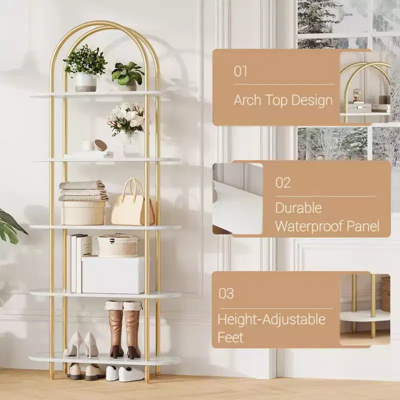 Libreria a 5 ripiani, libreria ad arco alta 180 cm, struttura in metallo, espositore indipendente, per camera da letto, soggiorno, oro e bianco