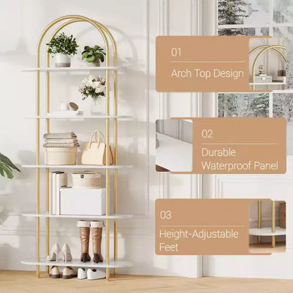 Libreria a 5 ripiani, libreria ad arco alta 180 cm, struttura in metallo, espositore indipendente, per camera da letto, soggiorno, oro e bianco