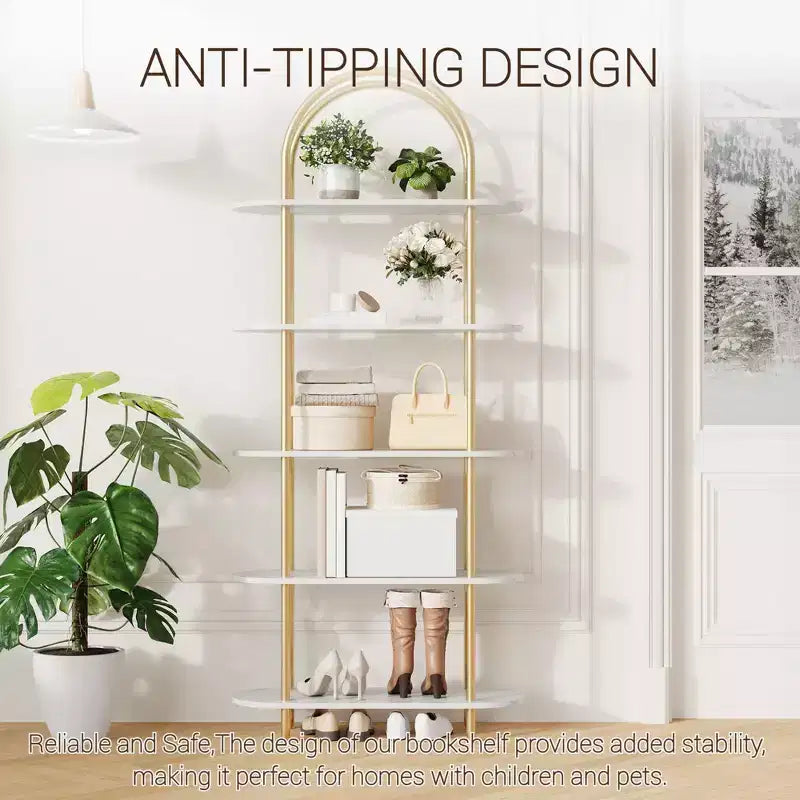 Libreria a 5 ripiani, libreria ad arco alta 180 cm, struttura in metallo, espositore indipendente, per camera da letto, soggiorno, oro e bianco