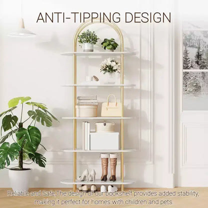 Libreria a 5 ripiani, libreria ad arco alta 180 cm, struttura in metallo, espositore indipendente, per camera da letto, soggiorno, oro e bianco