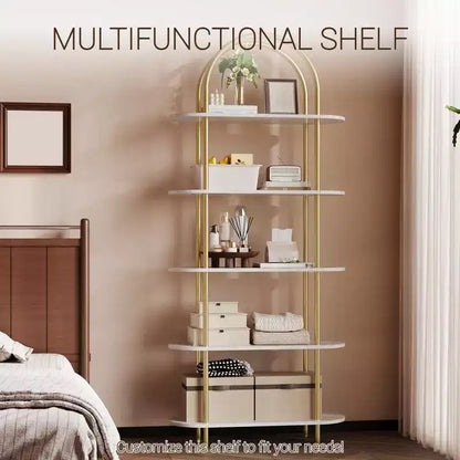 Libreria a 5 ripiani, libreria ad arco alta 180 cm, struttura in metallo, espositore indipendente, per camera da letto, soggiorno, oro e bianco