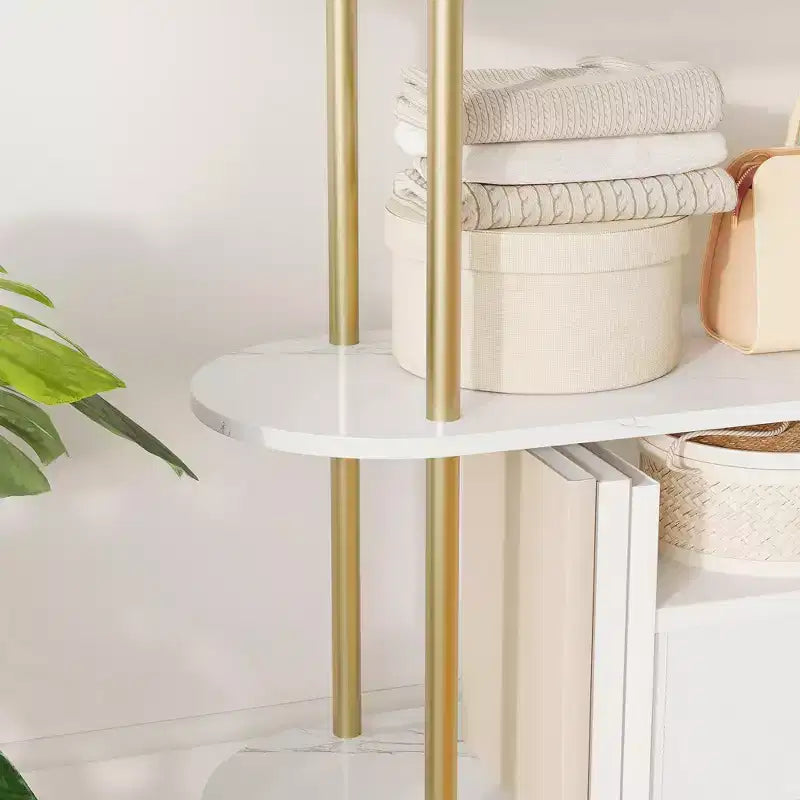 Libreria a 5 ripiani, libreria ad arco alta 180 cm, struttura in metallo, espositore indipendente, per camera da letto, soggiorno, oro e bianco
