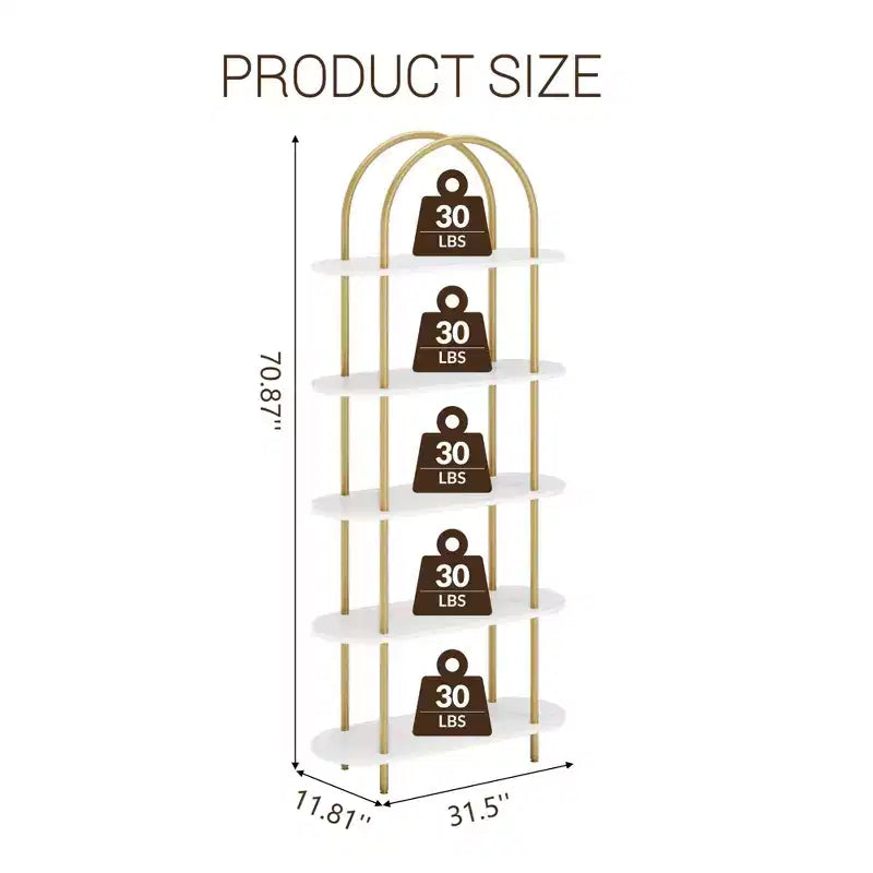 Libreria a 5 ripiani, libreria ad arco alta 180 cm, struttura in metallo, espositore indipendente, per camera da letto, soggiorno, oro e bianco