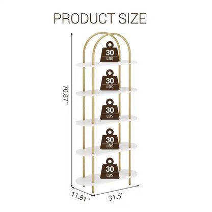 Libreria a 5 ripiani, libreria ad arco alta 180 cm, struttura in metallo, espositore indipendente, per camera da letto, soggiorno, oro e bianco