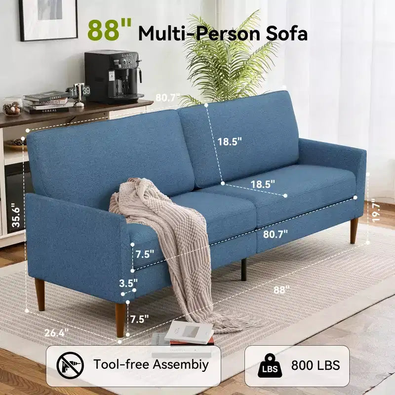 Dyonery 88 Divano Due Posti per Salotto, Comodo Divano Moderno Grigio Blu Oversize, Divano Grande per Camera da Letto Ufficio Montaggio Senza Attrezzi