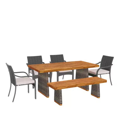 Set da pranzo Christopher Knight Home Varesa in rattan rustico e legno di acacia da 6 pezzi con cuscini