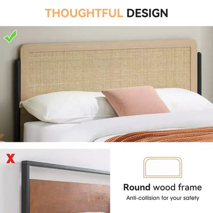 Struttura Letto Matrimoniale Queen con Testiera in Rattan - Letto a Piattaforma Stile Bohemien con Contenitori Sotto il Letto, Nessuna Rete a Molle Necessaria