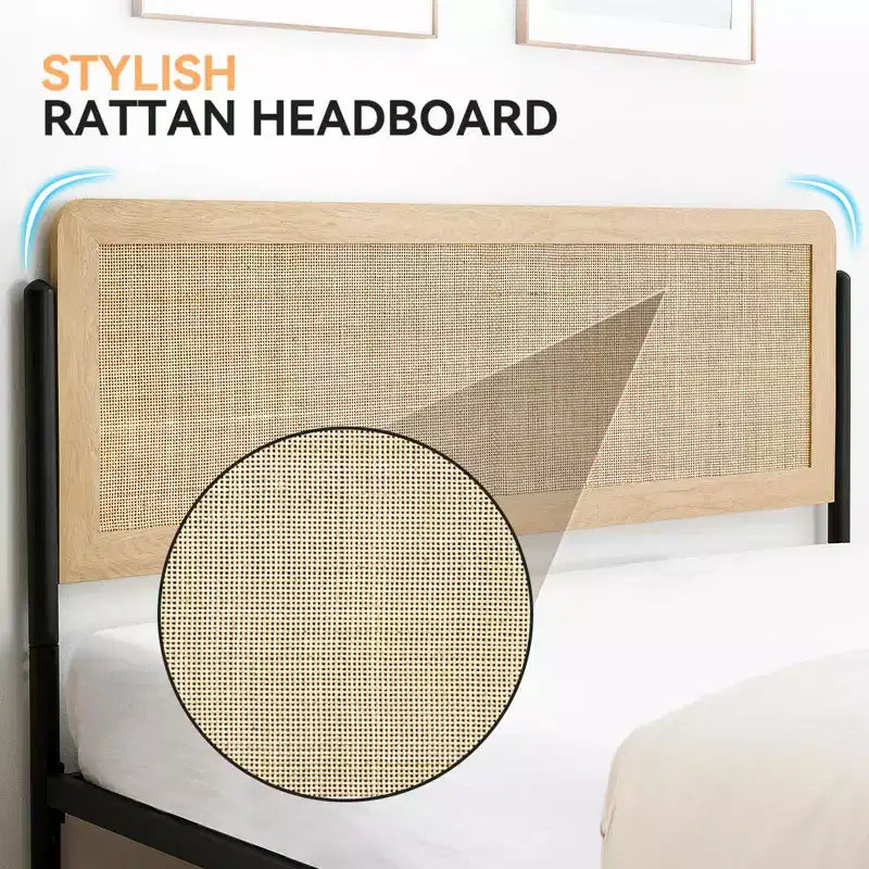 Struttura Letto Matrimoniale Queen con Testiera in Rattan - Letto a Piattaforma Stile Bohemien con Contenitori Sotto il Letto, Nessuna Rete a Molle Necessaria