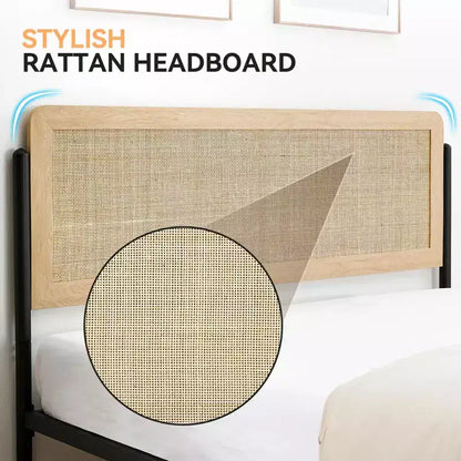 Struttura Letto Matrimoniale Queen con Testiera in Rattan - Letto a Piattaforma Stile Bohemien con Contenitori Sotto il Letto, Nessuna Rete a Molle Necessaria