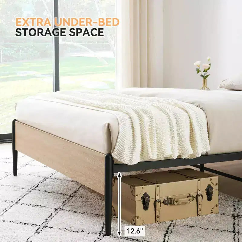 Struttura Letto Matrimoniale Queen con Testiera in Rattan - Letto a Piattaforma Stile Bohemien con Contenitori Sotto il Letto, Nessuna Rete a Molle Necessaria