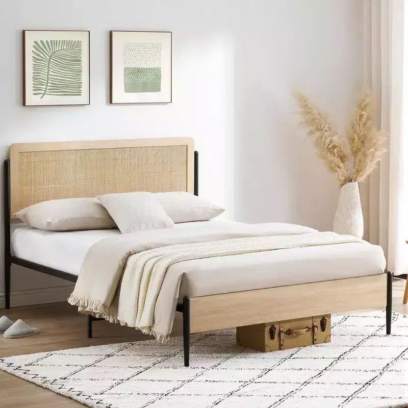 Struttura Letto Matrimoniale Queen con Testiera in Rattan - Letto a Piattaforma Stile Bohemien con Contenitori Sotto il Letto, Nessuna Rete a Molle Necessaria