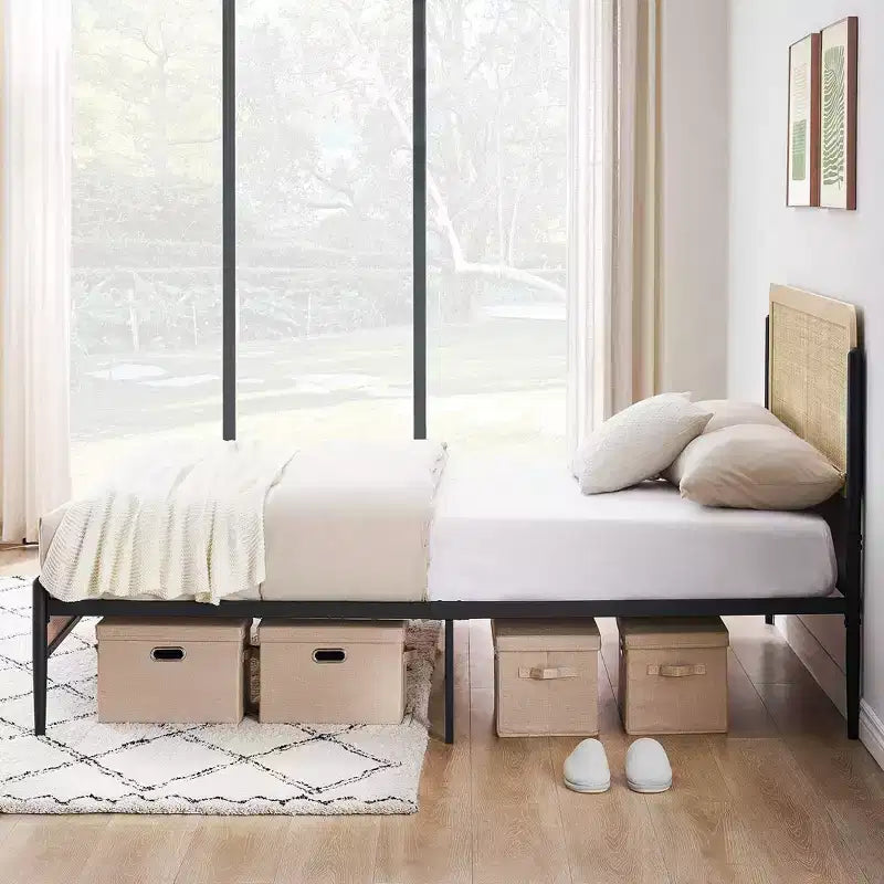 Struttura Letto Matrimoniale Queen con Testiera in Rattan - Letto a Piattaforma Stile Bohemien con Contenitori Sotto il Letto, Nessuna Rete a Molle Necessaria