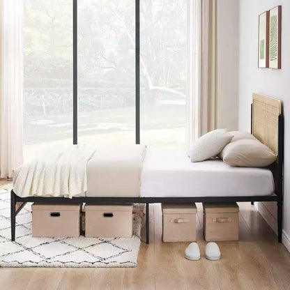 Struttura Letto Matrimoniale Queen con Testiera in Rattan - Letto a Piattaforma Stile Bohemien con Contenitori Sotto il Letto, Nessuna Rete a Molle Necessaria
