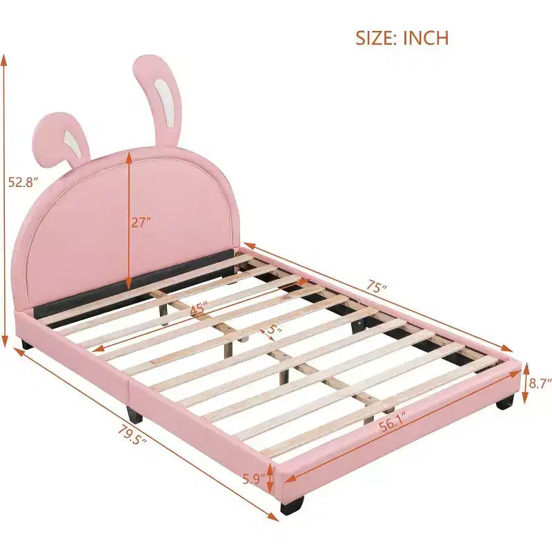 Acekool Letto a Piattaforma Imbottito Full Size con Testiera a Orecchie, Accento Coniglio per Bambini, Supporto a Doghe, Rosa