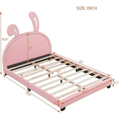 Acekool Letto a Piattaforma Imbottito Full Size con Testiera a Orecchie, Accento Coniglio per Bambini, Supporto a Doghe, Rosa