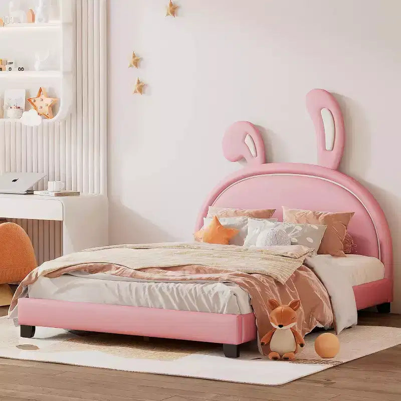 Acekool Letto a Piattaforma Imbottito Full Size con Testiera a Orecchie, Accento Coniglio per Bambini, Supporto a Doghe, Rosa