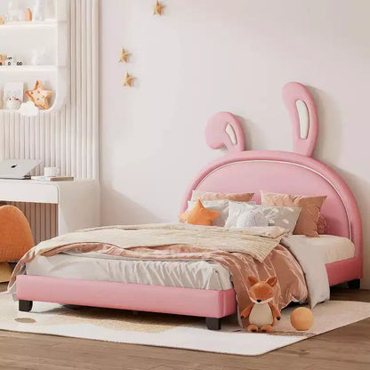 Acekool Letto a Piattaforma Imbottito Full Size con Testiera a Orecchie, Accento Coniglio per Bambini, Supporto a Doghe, Rosa