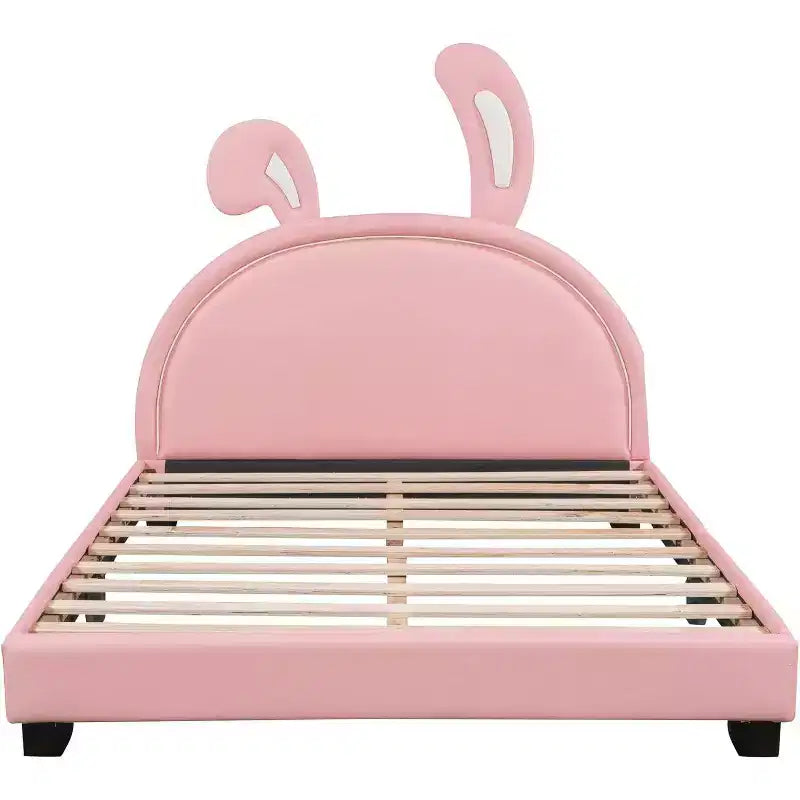 Acekool Letto a Piattaforma Imbottito Full Size con Testiera a Orecchie, Accento Coniglio per Bambini, Supporto a Doghe, Rosa