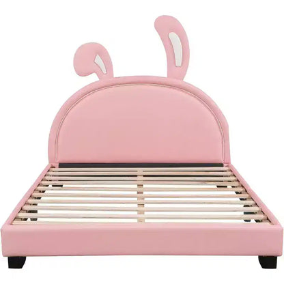 Acekool Letto a Piattaforma Imbottito Full Size con Testiera a Orecchie, Accento Coniglio per Bambini, Supporto a Doghe, Rosa