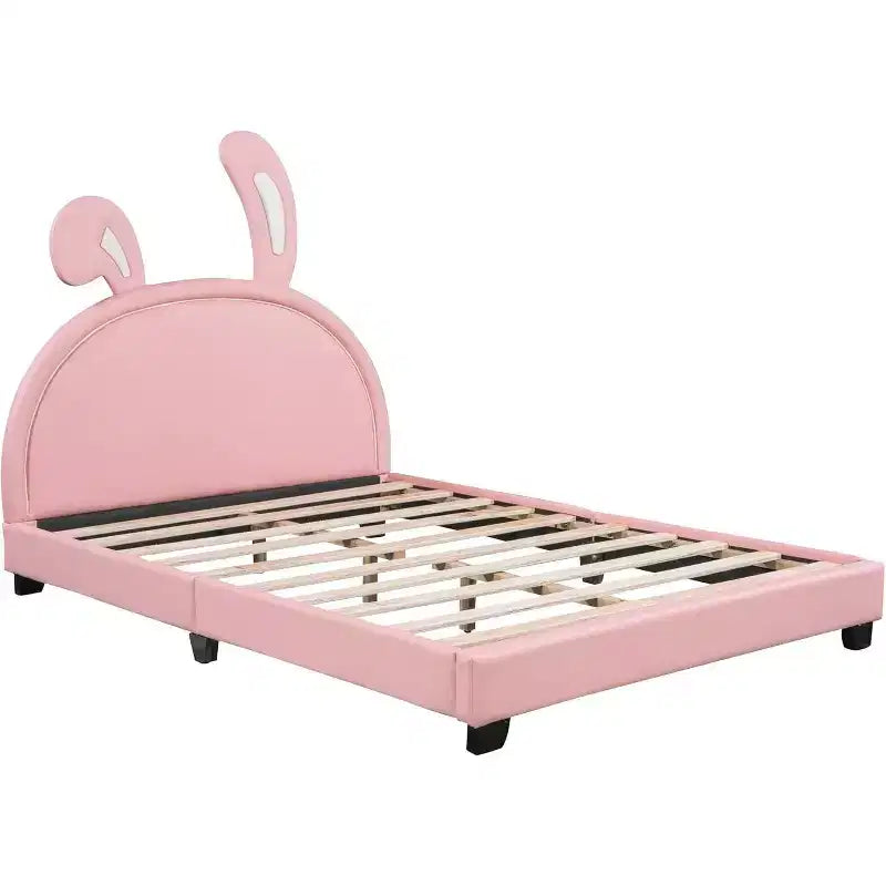 Acekool Letto a Piattaforma Imbottito Full Size con Testiera a Orecchie, Accento Coniglio per Bambini, Supporto a Doghe, Rosa