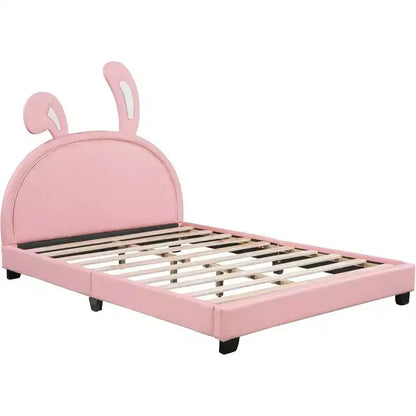 Acekool Letto a Piattaforma Imbottito Full Size con Testiera a Orecchie, Accento Coniglio per Bambini, Supporto a Doghe, Rosa