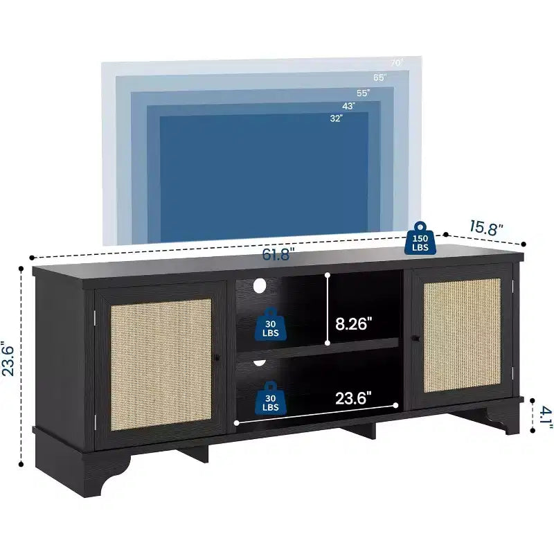 Mobile TV in Rattan per Televisori fino a 70 pollici, Mobile Porta TV con 2 Armadietti e Ripiani Aperti, Tavolino Consolle in Legno per Soggiorno