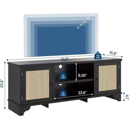 Mobile TV in Rattan per Televisori fino a 70 pollici, Mobile Porta TV con 2 Armadietti e Ripiani Aperti, Tavolino Consolle in Legno per Soggiorno
