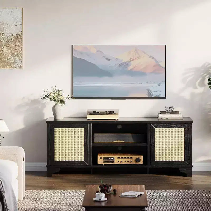 Mobile TV in Rattan per Televisori fino a 70 pollici, Mobile Porta TV con 2 Armadietti e Ripiani Aperti, Tavolino Consolle in Legno per Soggiorno