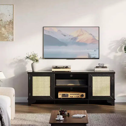 Mobile TV in Rattan per Televisori fino a 70 pollici, Mobile Porta TV con 2 Armadietti e Ripiani Aperti, Tavolino Consolle in Legno per Soggiorno