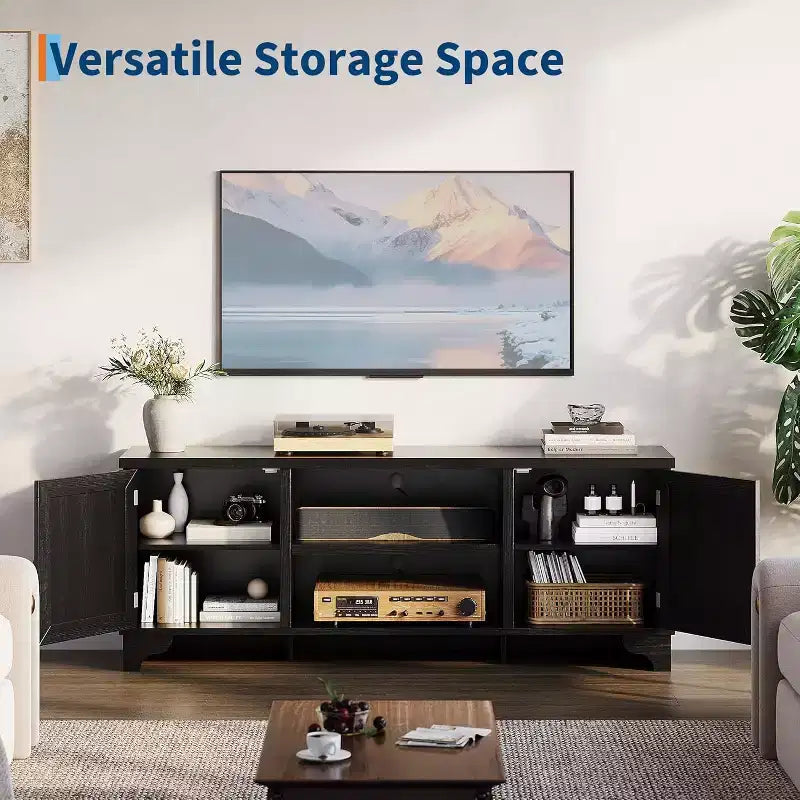 Mobile TV in Rattan per Televisori fino a 70 pollici, Mobile Porta TV con 2 Armadietti e Ripiani Aperti, Tavolino Consolle in Legno per Soggiorno