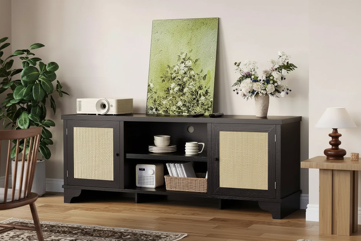 Mobile TV in Rattan per Televisori fino a 70 pollici, Mobile Porta TV con 2 Armadietti e Ripiani Aperti, Tavolino Consolle in Legno per Soggiorno