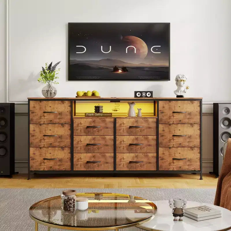 GustoWave Comodino da Comodino a 12 Cassetti in Tessuto, Cassettiera Stretta con Stazione di Ricarica, Luci a LED e Telaio in Metallo, Organizzatore Moderno per Vestiti