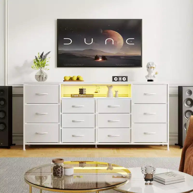 GustoWave Comodino da Comodino a 12 Cassetti in Tessuto, Cassettiera Stretta con Stazione di Ricarica, Luci a LED e Telaio in Metallo, Organizzatore Moderno per Vestiti
