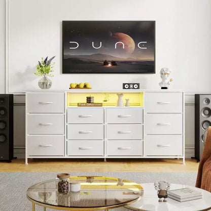 GustoWave Comodino da Comodino a 12 Cassetti in Tessuto, Cassettiera Stretta con Stazione di Ricarica, Luci a LED e Telaio in Metallo, Organizzatore Moderno per Vestiti