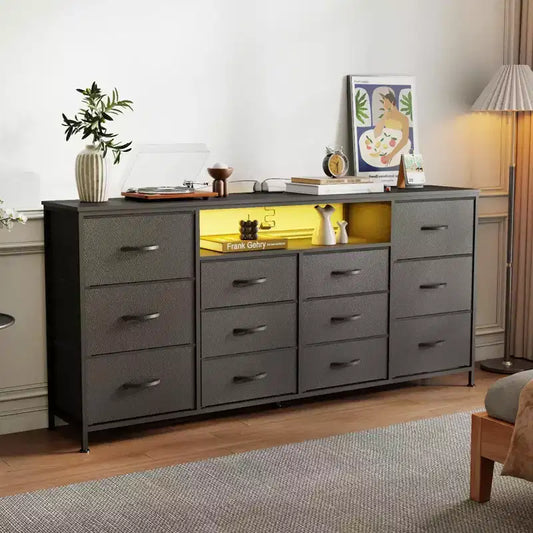 GustoWave 12-Drawer Fabric Dresser, Skinny Chest of Drawers with Charging Station, Led Lights & Metal Frame, Modern Cloth Storage Organizer
