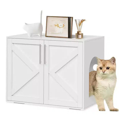 Cat Litter Box Enclosure, Hidden cat Litter Box Furniture with with 2 Doors and Pads, Wooden Kitty Litter Box Cabinet Furniture ( 1 Room)