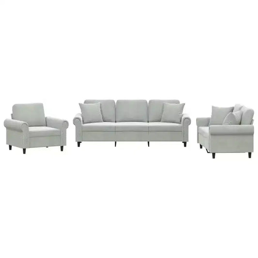 vidaXL 3-Piece Sofa Set in Light Gray Velvet - Comfortable Relaxation with Sturdy Frame and Decorative Throw Pillows for Living and Lounge Areas