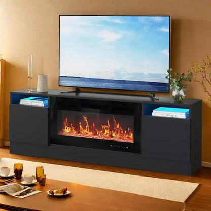 Mobile TV moderno con mobiletto contenitore per TV fino a 75", supporto TV moderno nero per soggiorno (camino non incluso)