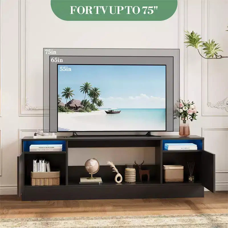 Mobile TV moderno con mobiletto contenitore per TV fino a 75", supporto TV moderno nero per soggiorno (camino non incluso)