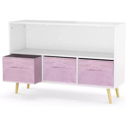 Acekool Scaffale per Libri per Bambini, Organizer per Giocattoli a 4 Scomparti con Cassetti Pieghevoli in Tessuto, Espositore per Libri per Sala Giochi, Asilo Nido, Cameretta dei Bambini