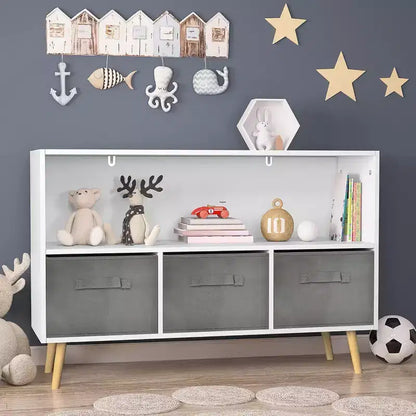 Acekool Kids Bookshelf, 4-Cubby Toy Storage Organizer with Collapsible Fabric Drawers, Book Display for Playroom, Nursery, Kids Room
