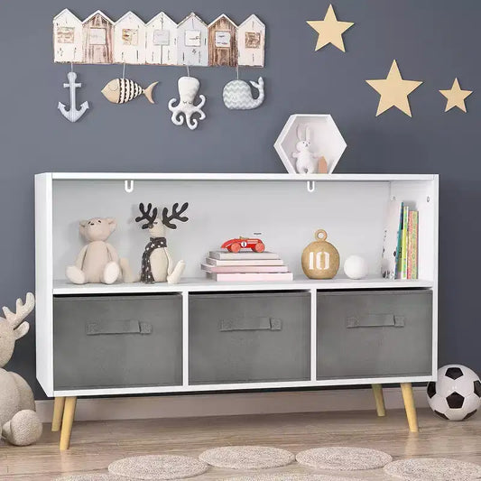 Acekool Kids Bookshelf, 4-Cubby Toy Storage Organizer with Collapsible Fabric Drawers, Book Display for Playroom, Nursery, Kids Room