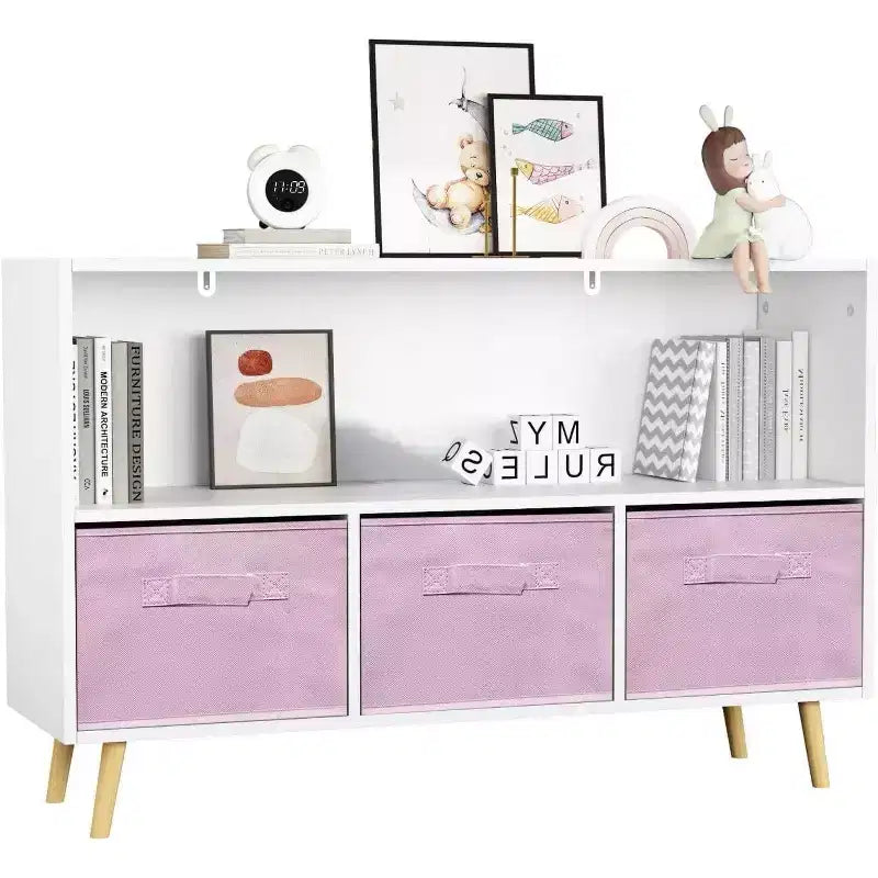 Acekool Scaffale per Libri per Bambini, Organizer per Giocattoli a 4 Scomparti con Cassetti Pieghevoli in Tessuto, Espositore per Libri per Sala Giochi, Asilo Nido, Cameretta dei Bambini