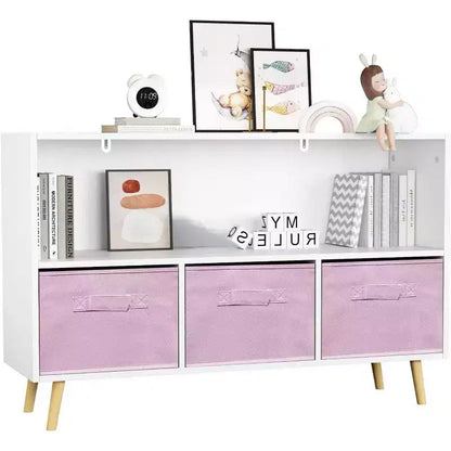 Acekool Scaffale per Libri per Bambini, Organizer per Giocattoli a 4 Scomparti con Cassetti Pieghevoli in Tessuto, Espositore per Libri per Sala Giochi, Asilo Nido, Cameretta dei Bambini