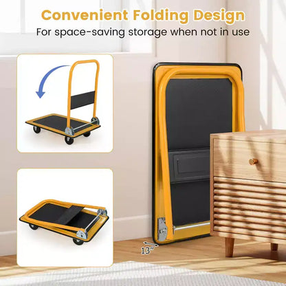 Costway Carrello Piattaforma Pieghevole da 150 kg per Magazzino Spostamenti, Camioncino a Spinta Manuale Blu/Giallo