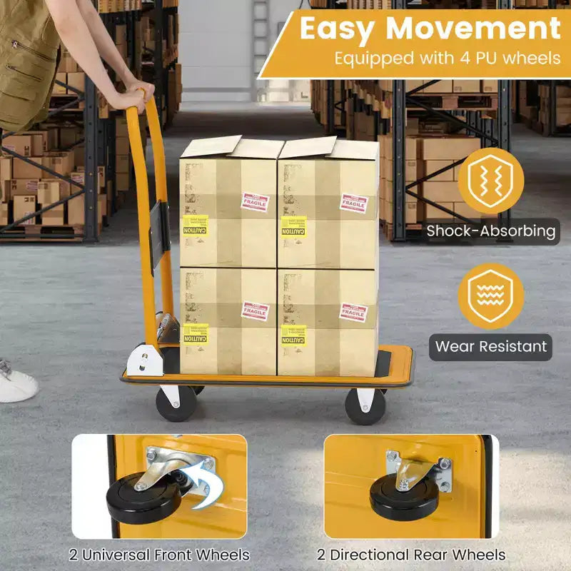 Costway Carrello Piattaforma Pieghevole da 150 kg per Magazzino Spostamenti, Camioncino a Spinta Manuale Blu/Giallo