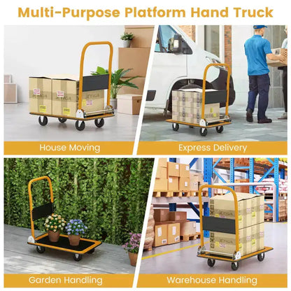 Costway Carrello Piattaforma Pieghevole da 150 kg per Magazzino Spostamenti, Camioncino a Spinta Manuale Blu/Giallo