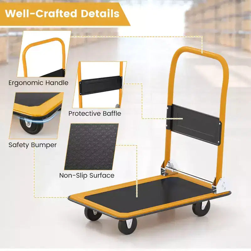 Costway Carrello Piattaforma Pieghevole da 150 kg per Magazzino Spostamenti, Camioncino a Spinta Manuale Blu/Giallo