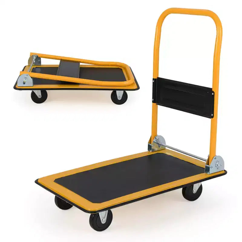 Costway Carrello Piattaforma Pieghevole da 150 kg per Magazzino Spostamenti, Camioncino a Spinta Manuale Blu/Giallo